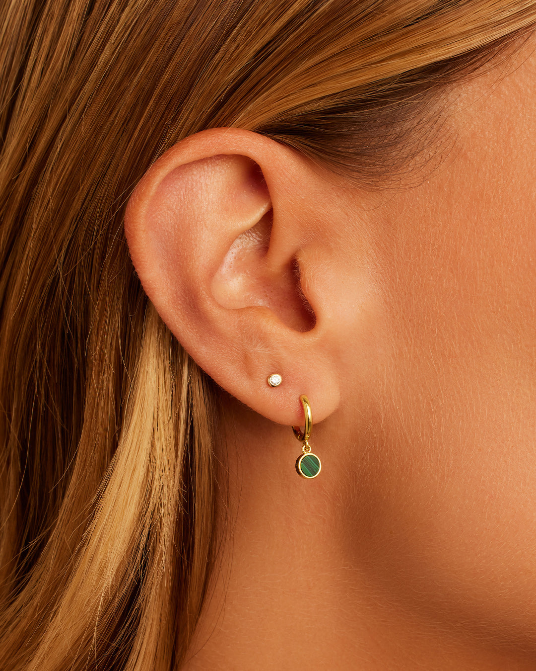 Rose Marble Coin Huggies || option::18K Gold Plated, Malachite Marble || set::rose-marble-coin-huggies-malachite-stl