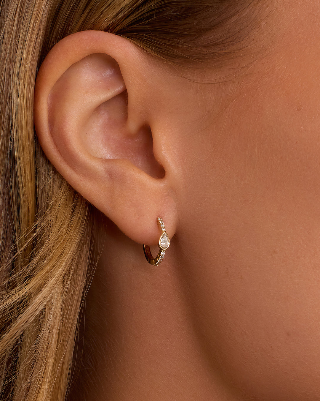 Lab Grown Diamond Pear Charm Huggies || option::14K Solid Gold
