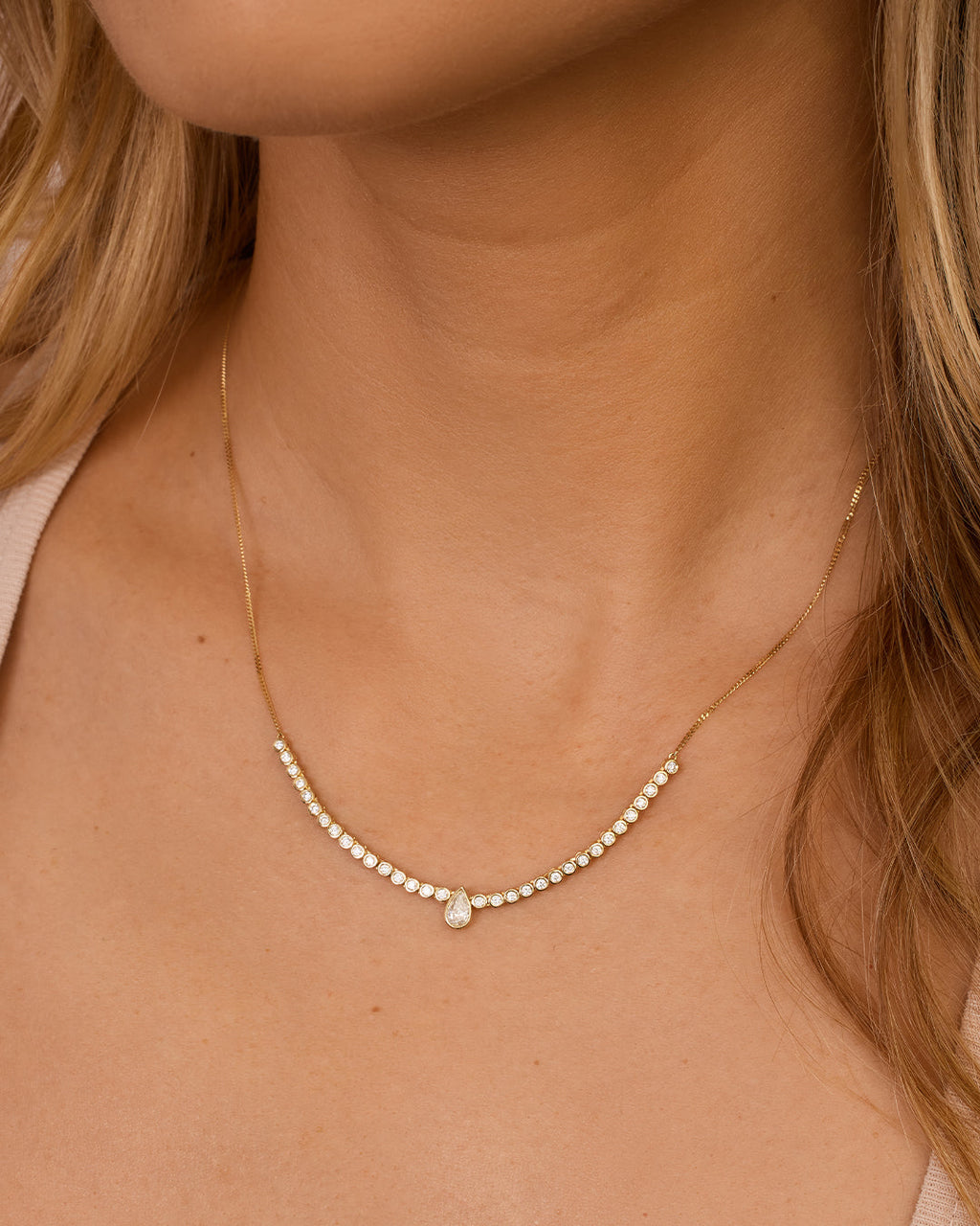 Lab Grown Diamond Pear Charm Row Necklace || option::14K Solid Gold