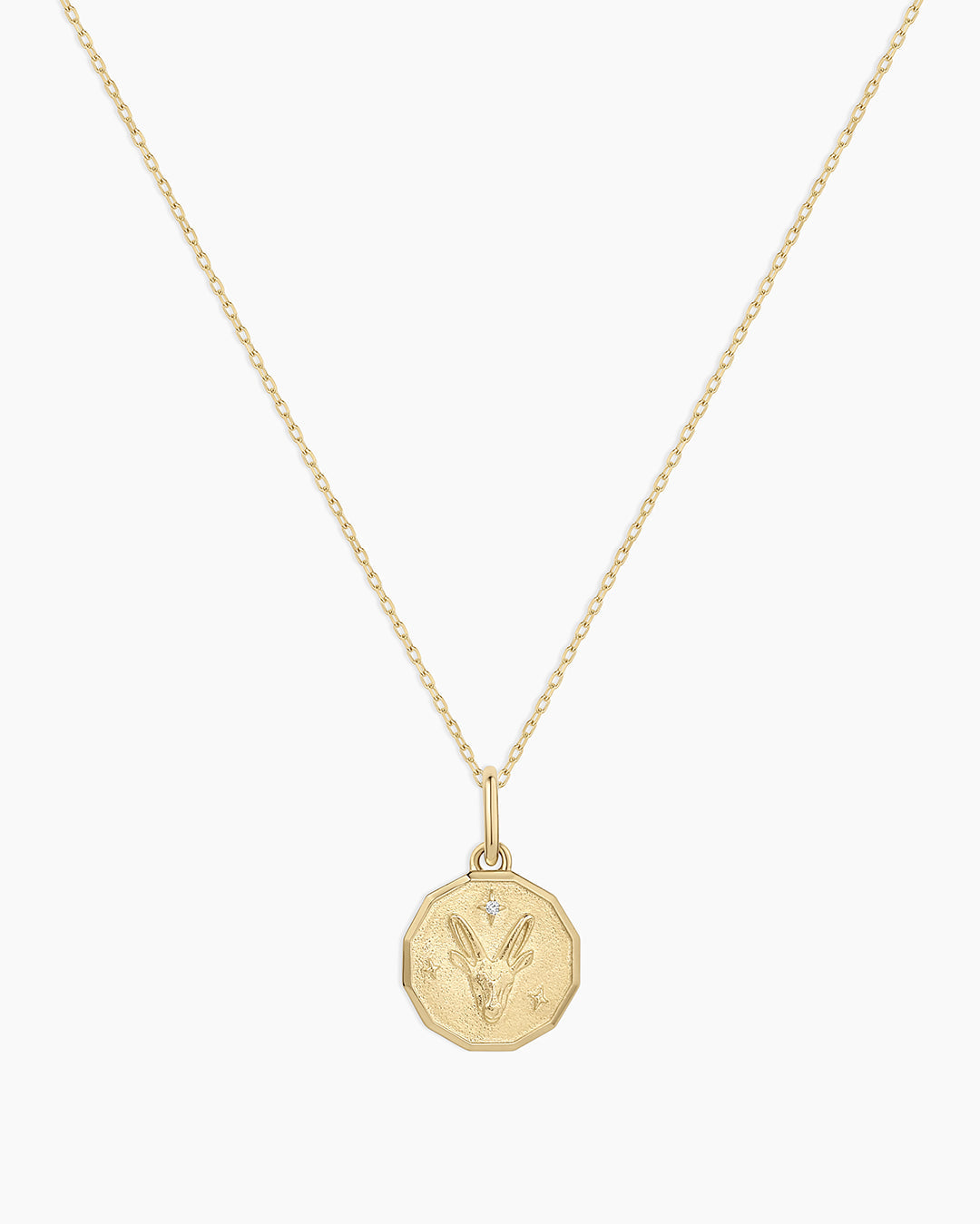 Diamond Zodiac Coin Charm Necklace || option::14K Solid Gold, Capricorn