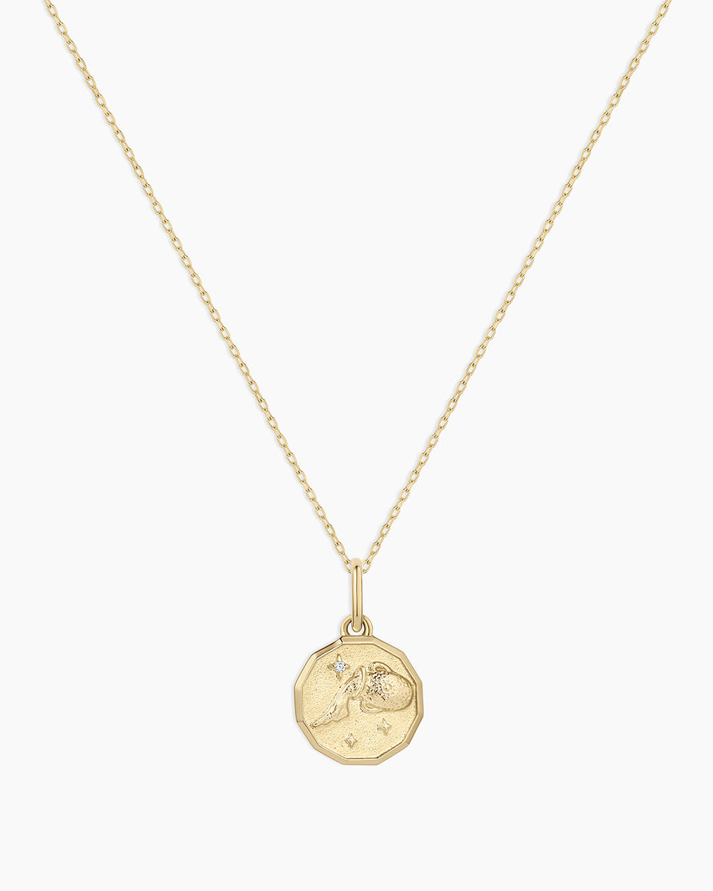 Diamond Zodiac Coin Charm Necklace || option::14K Solid Gold, Aquarius