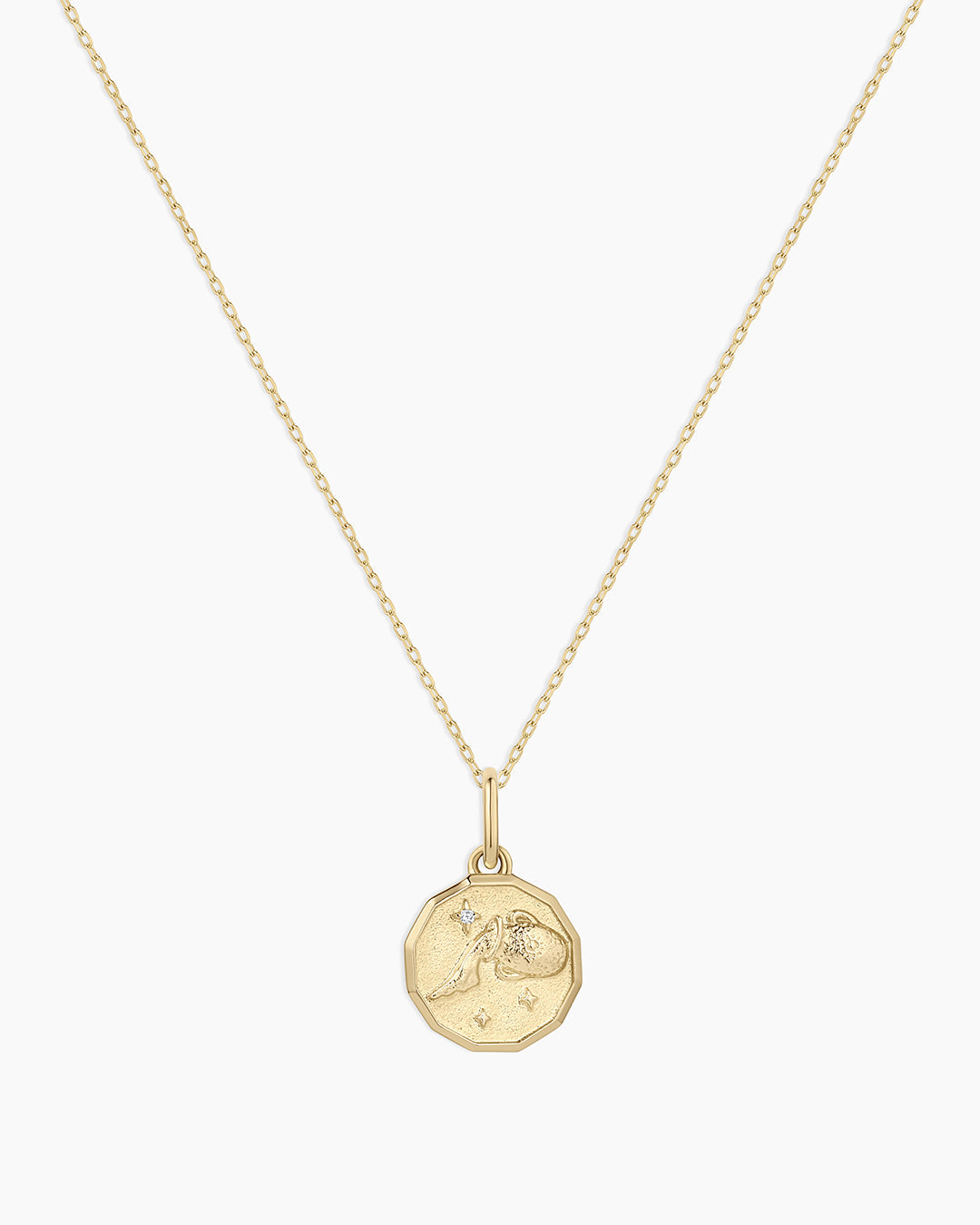 Diamond Zodiac Coin Charm Necklace || option::14K Solid Gold, Aquarius