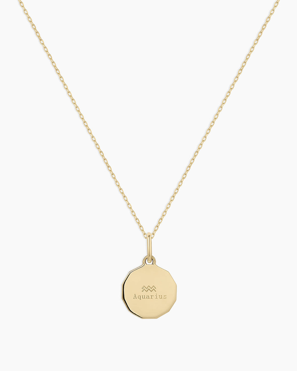 Diamond Zodiac Coin Charm Necklace || option::14K Solid Gold, Aquarius