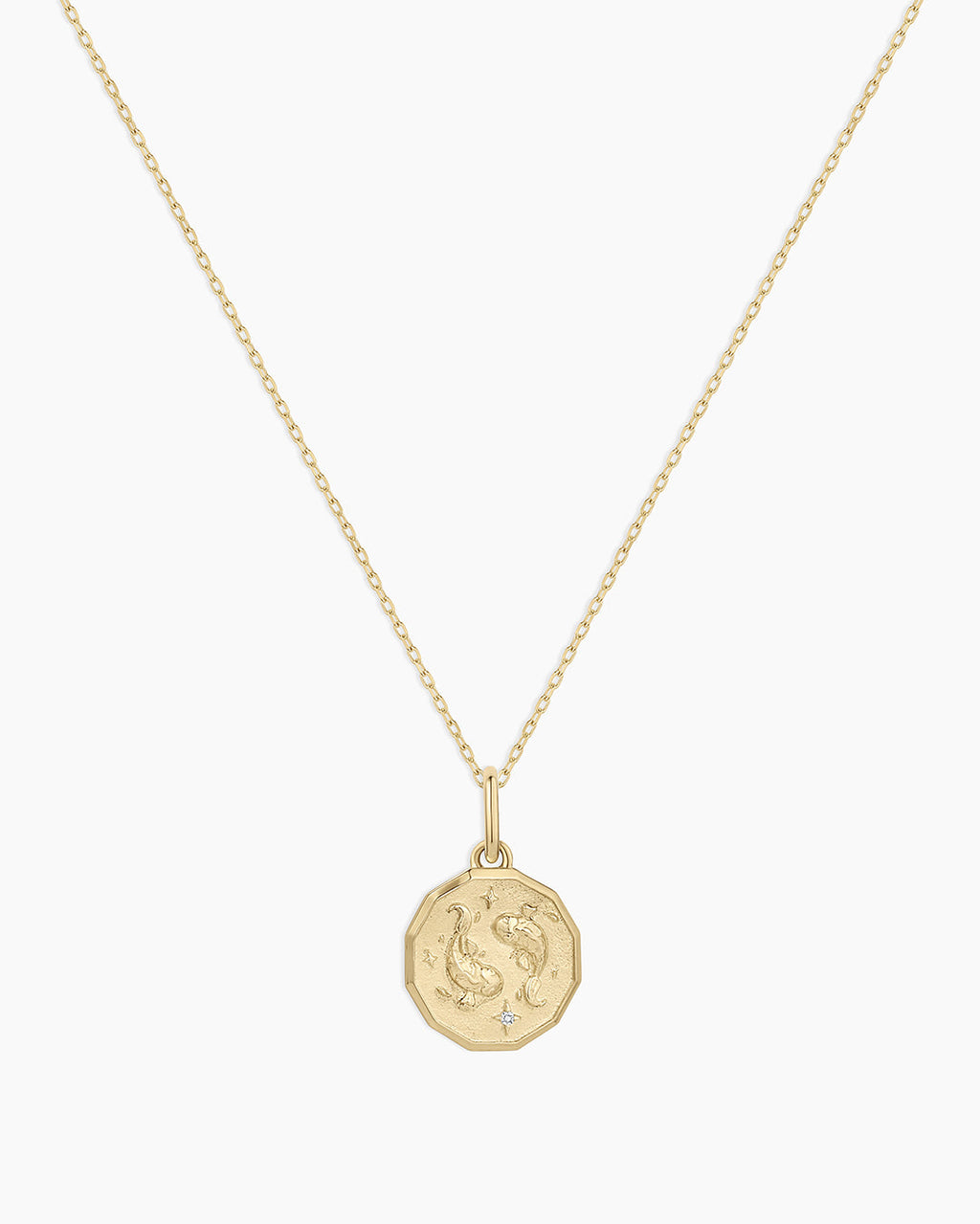 Diamond Zodiac Coin Charm Necklace || option::14K Solid Gold, Pisces