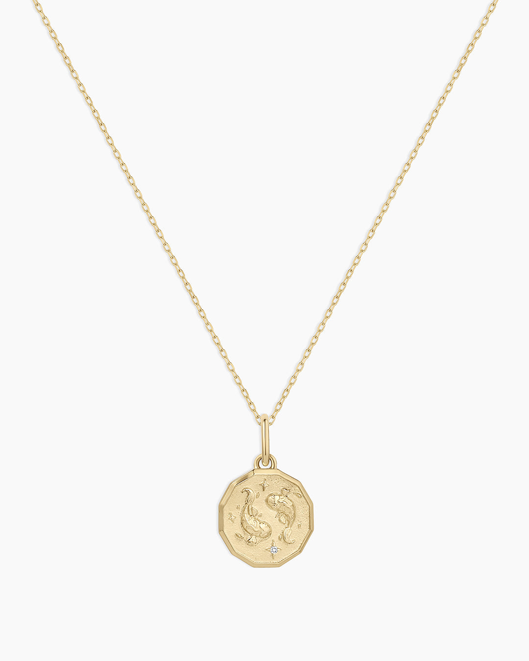 Diamond Zodiac Coin Charm Necklace || option::14K Solid Gold, Pisces