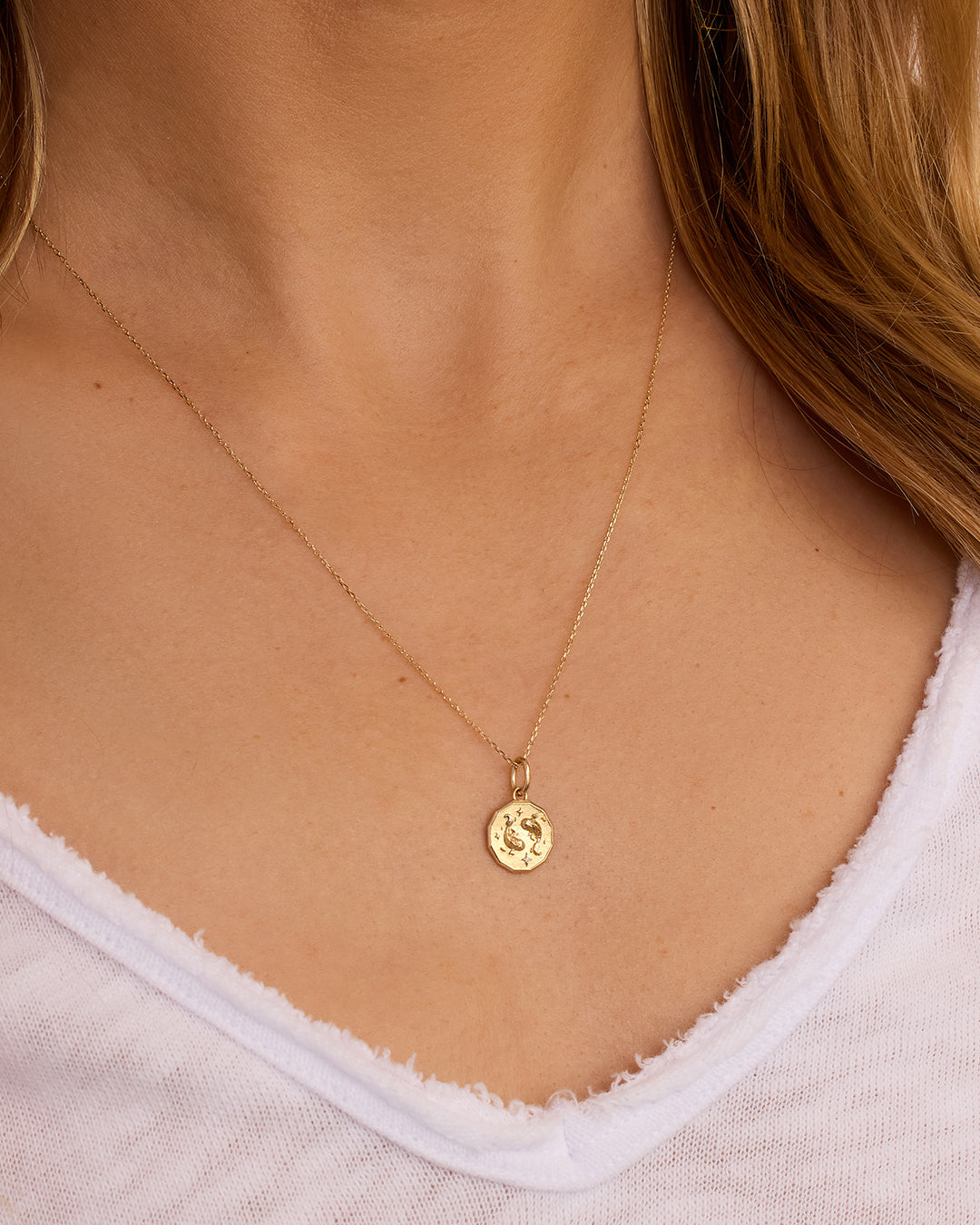 Diamond Zodiac Coin Charm Necklace || option::14K Solid Gold, Pisces