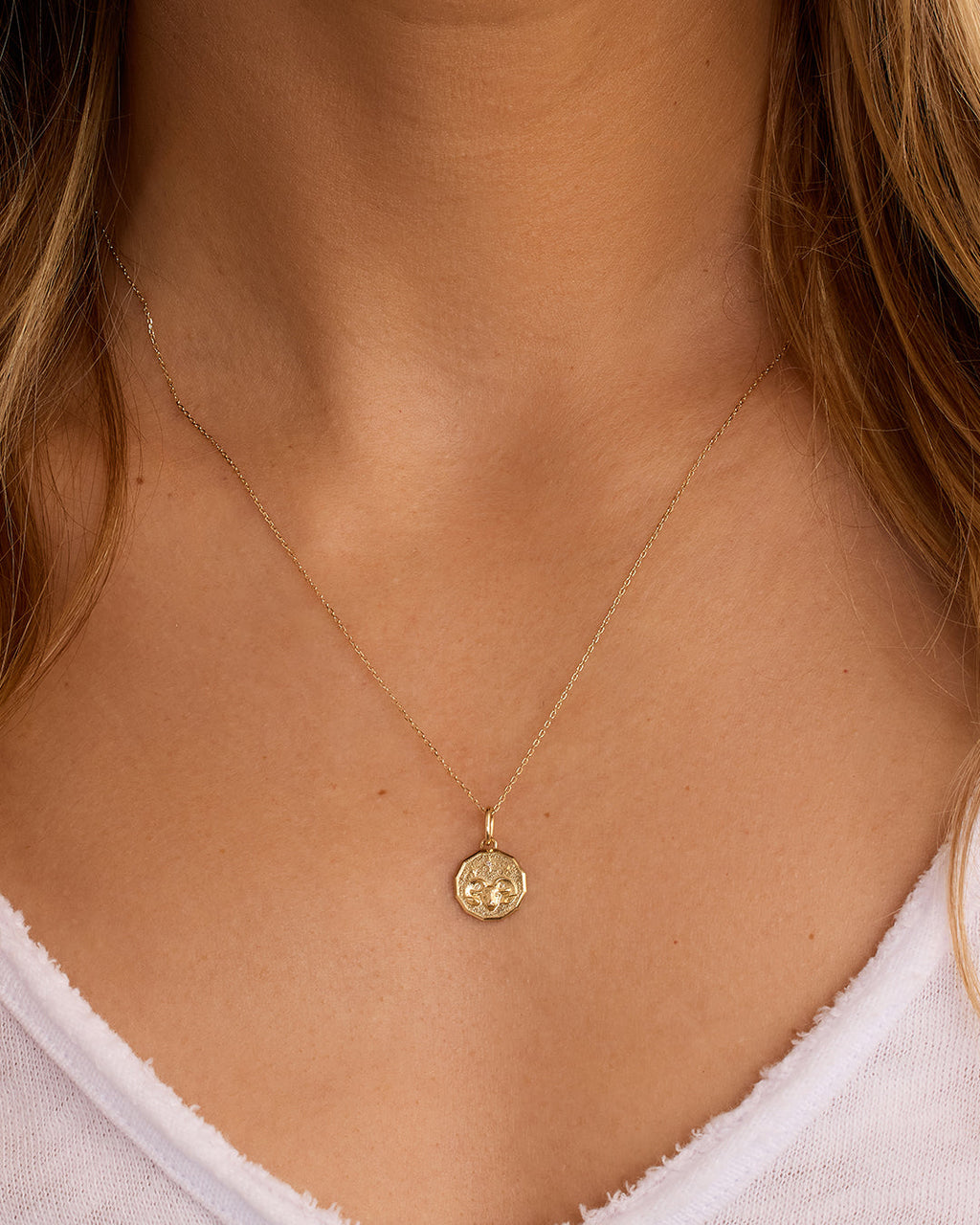 Diamond Zodiac Coin Charm Necklace || option::14K Solid Gold, Aries