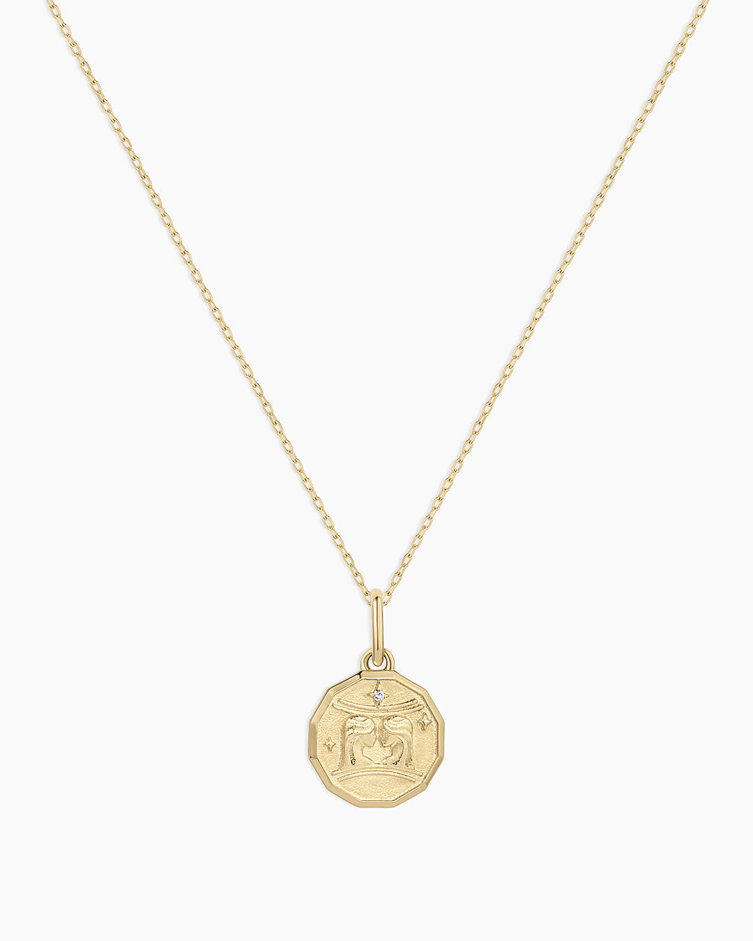 Diamond Zodiac Coin Charm Necklace || option::14K Solid Gold, Gemini