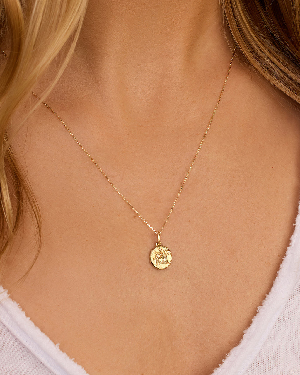 Diamond Zodiac Coin Charm Necklace || option::14K Solid Gold, Gemini