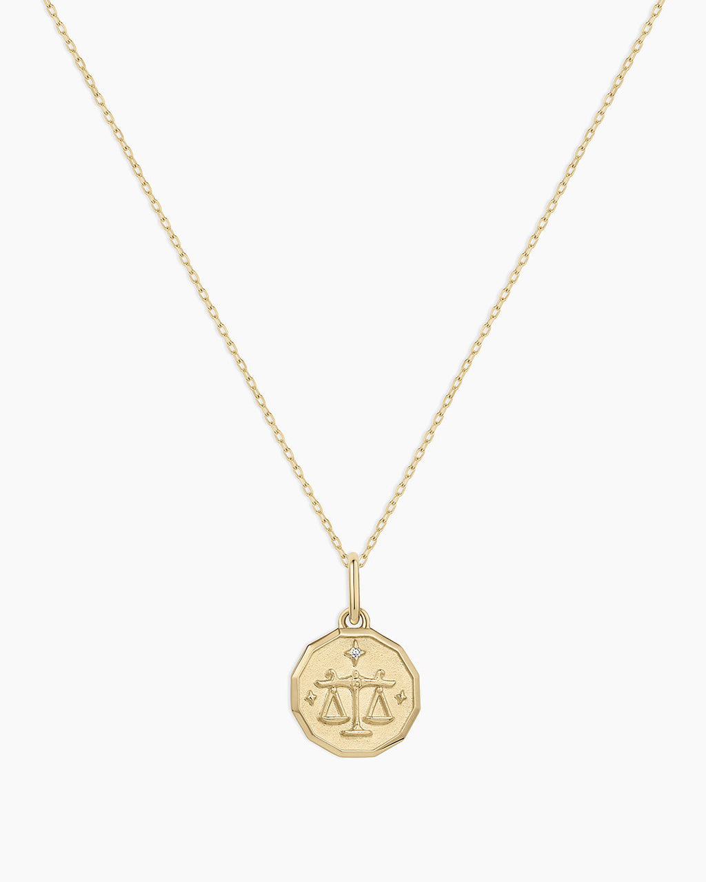Diamond Zodiac Coin Charm Necklace || option::14K Solid Gold, Libra