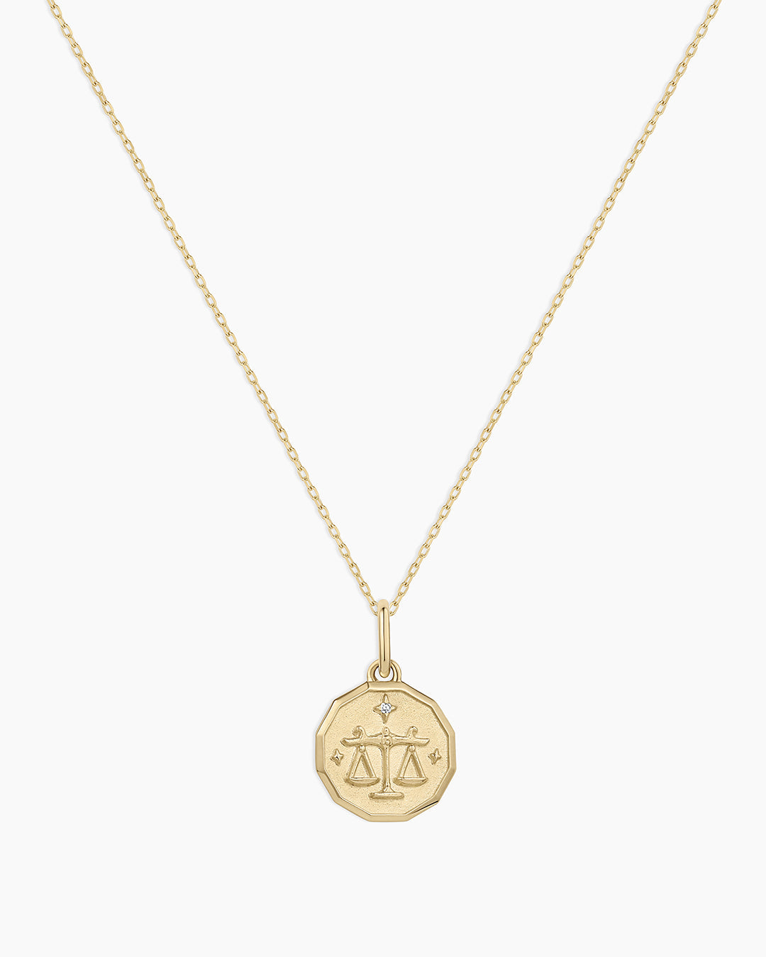Diamond Zodiac Coin Charm Necklace || option::14K Solid Gold, Libra