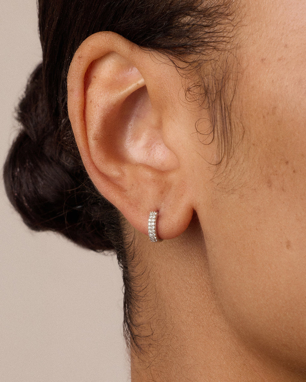 Diamond Double Down Single Huggie || option::14K Solid White Gold, 9mm