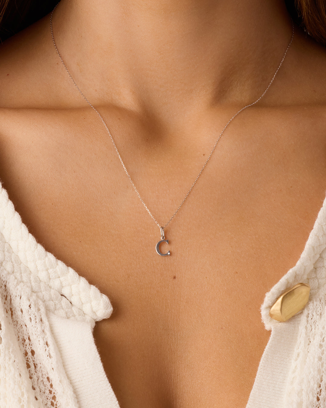Diamond Vintage Alphabet Charm || option::14K Solid White Gold, C