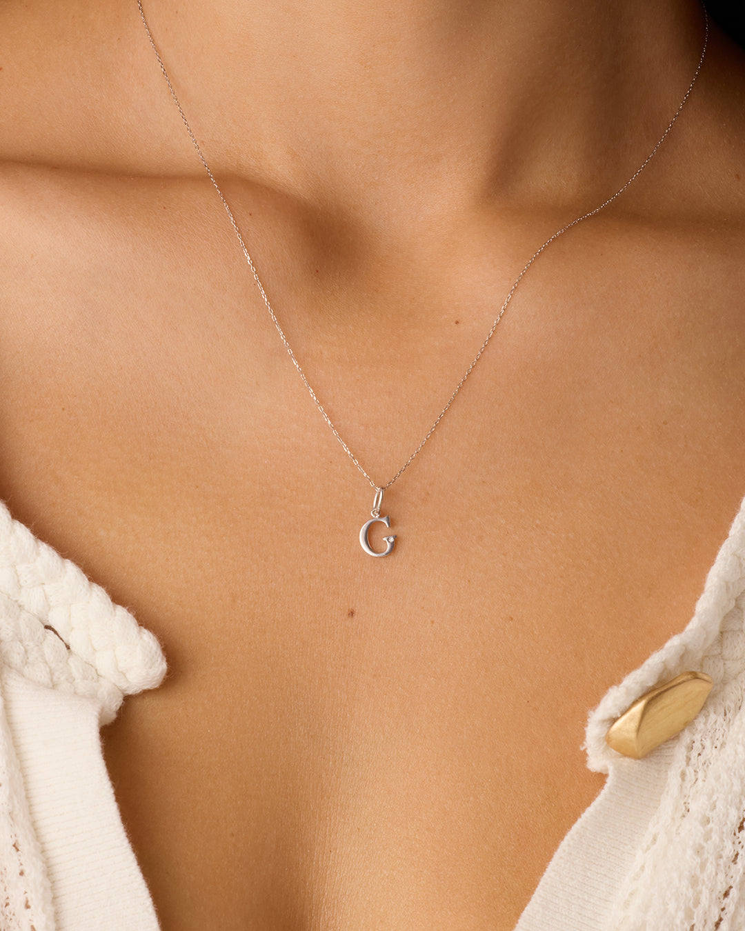 Diamond Vintage Alphabet Charm || option::14K Solid White Gold, G