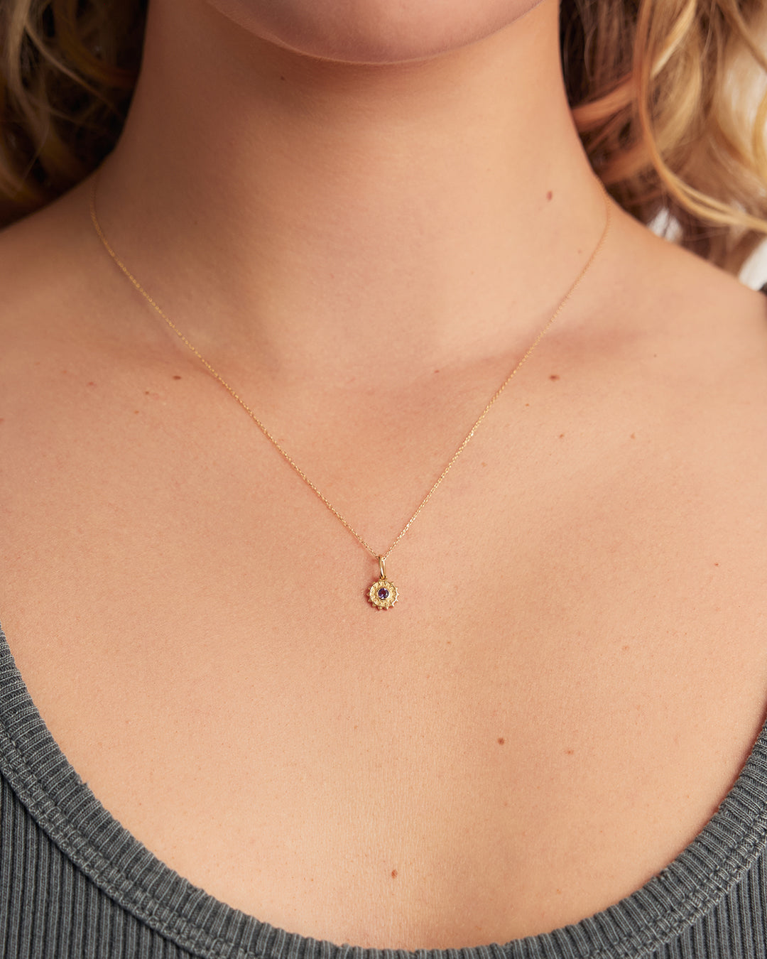 Sun Birthstone Charm || option::14K Solid Gold, Amethyst - February