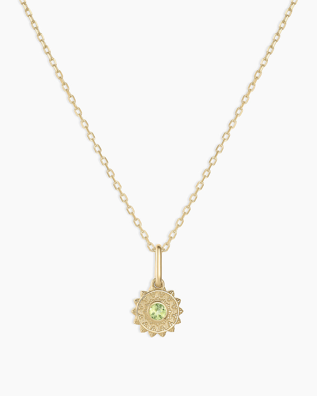 Sun Birthstone Charm Necklace || option::14K Solid Gold, Peridot - August