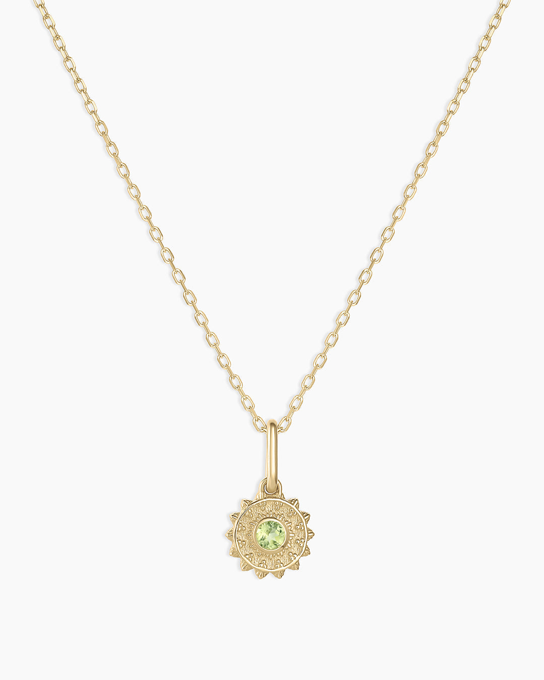 Sun Birthstone Charm Necklace || option::14K Solid Gold, Peridot - August