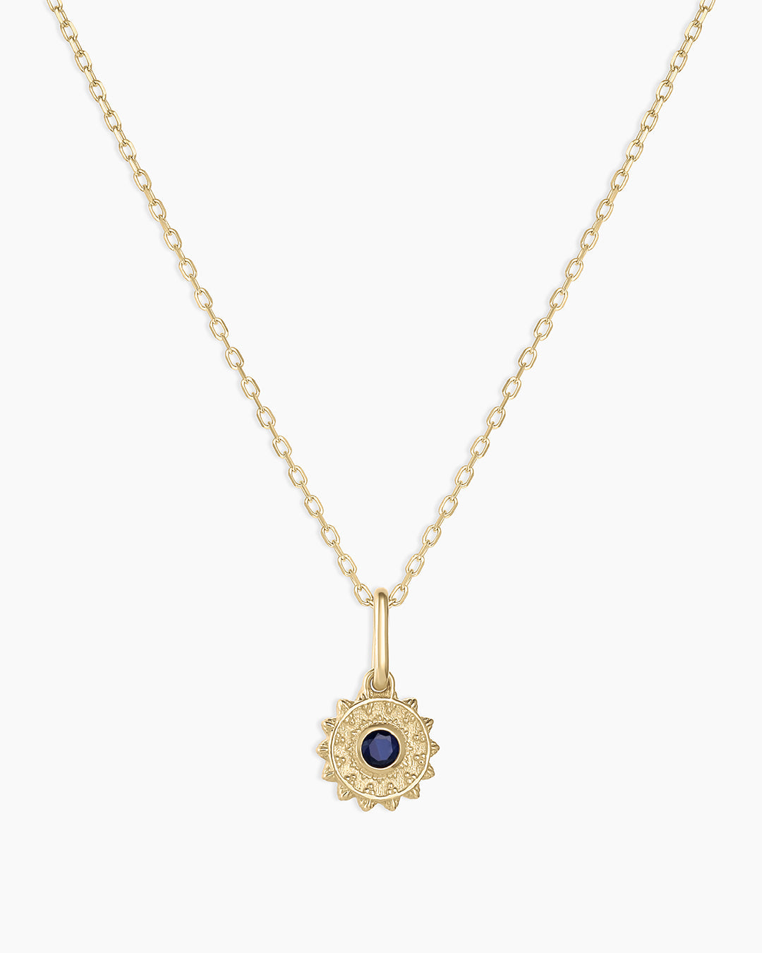 Sun Birthstone Charm Necklace || option::14K Solid Gold, Blue Sapphire - September