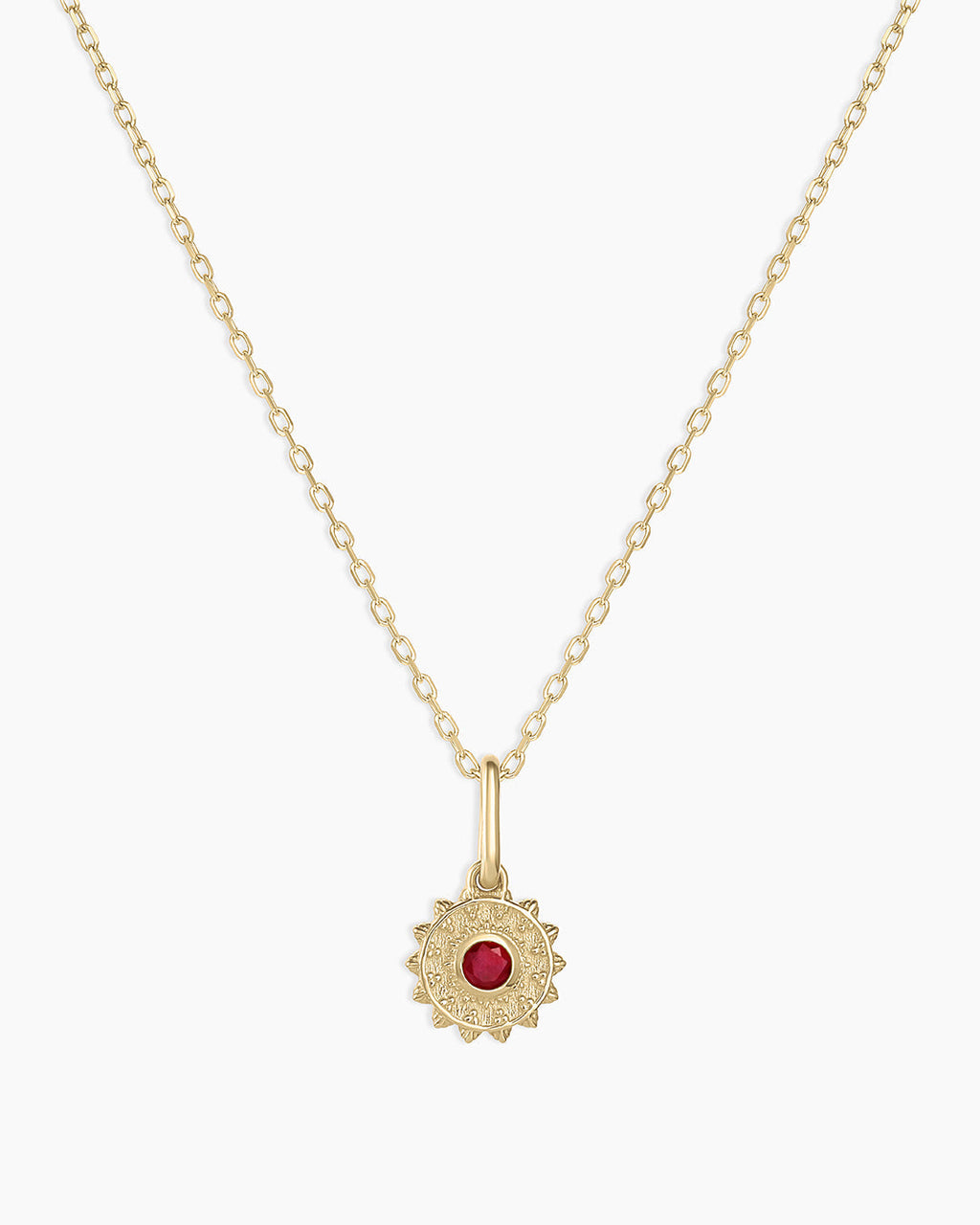 Sun Birthstone Charm Necklace || option::14K Solid Gold, Ruby - July