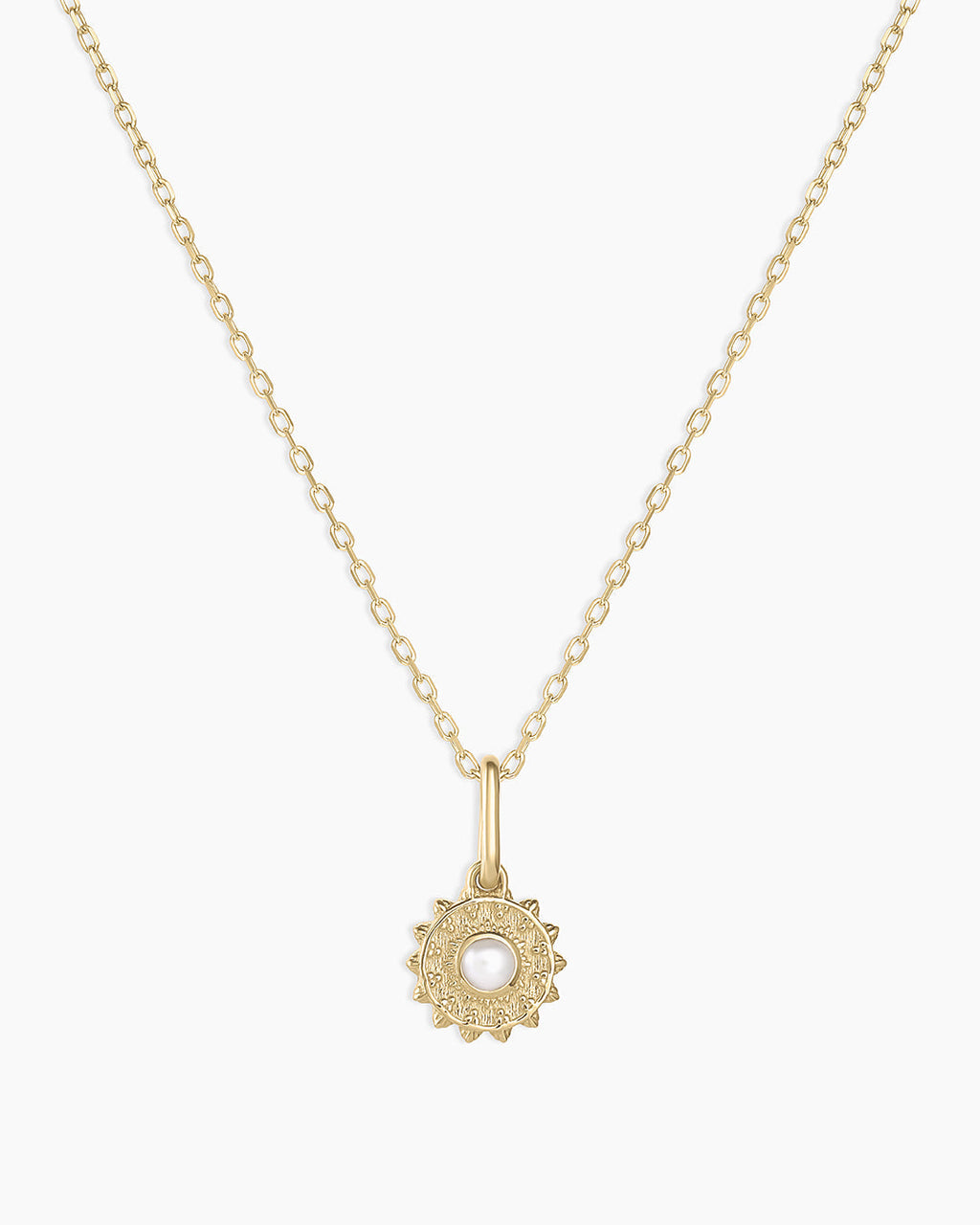 Sun Birthstone Charm Necklace || option::14K Solid Gold, Pearl - June