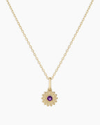 Sun Birthstone Charm Necklace || option::14K Solid Gold, Amethyst - February