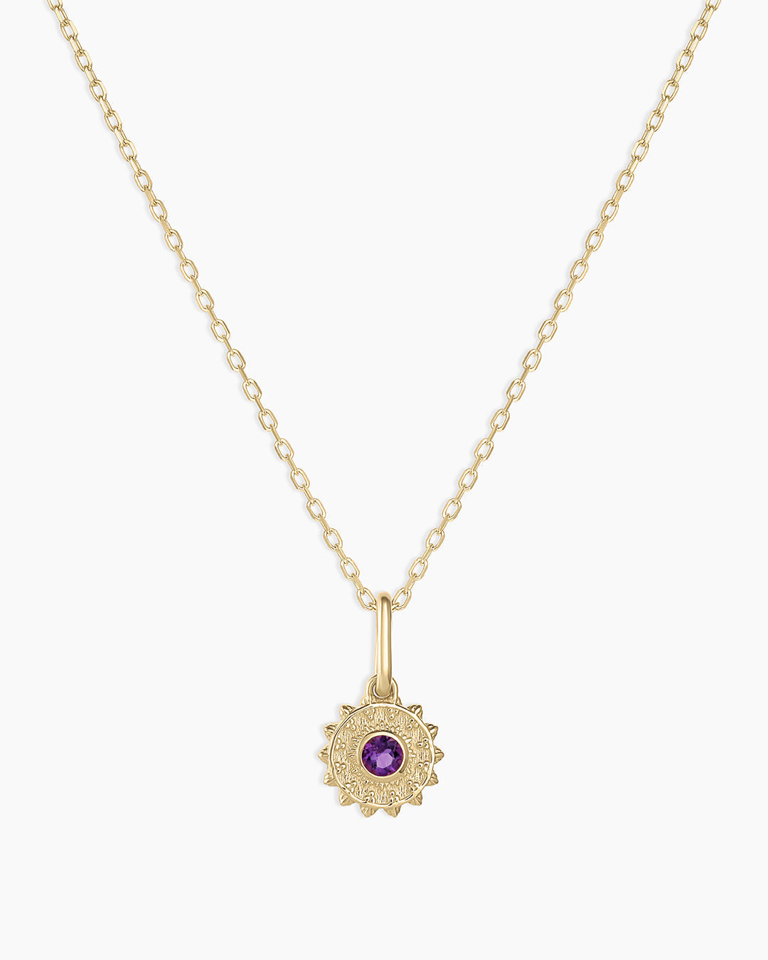 Sun Birthstone Charm Necklace || option::14K Solid Gold, Amethyst - February