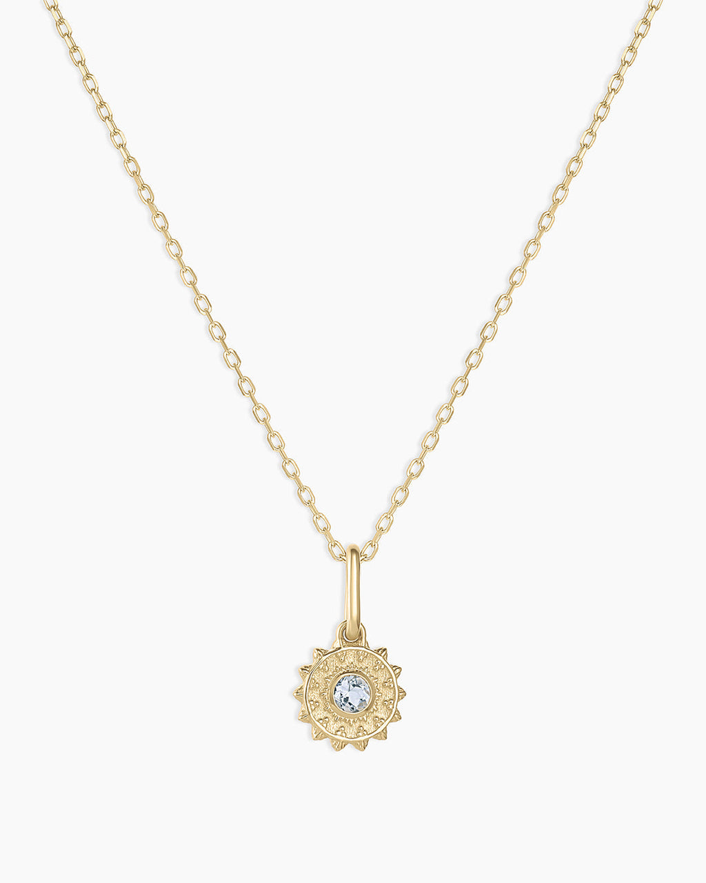 Sun Birthstone Charm Necklace || option::14K Solid Gold, Aquamarine - March
