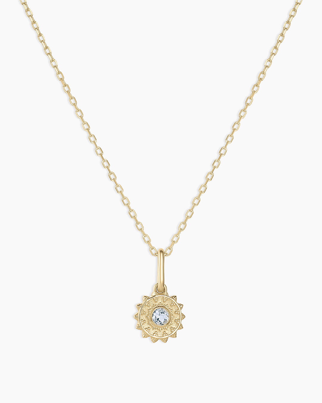 Sun Birthstone Charm Necklace || option::14K Solid Gold, Aquamarine - March
