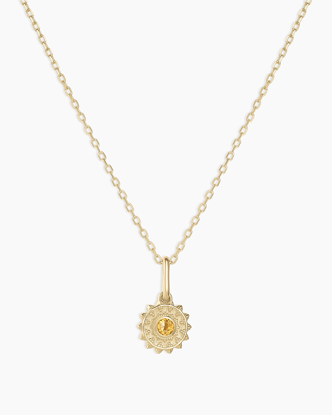 Sun Birthstone Charm Necklace || option::14K Solid Gold, Citrine - November