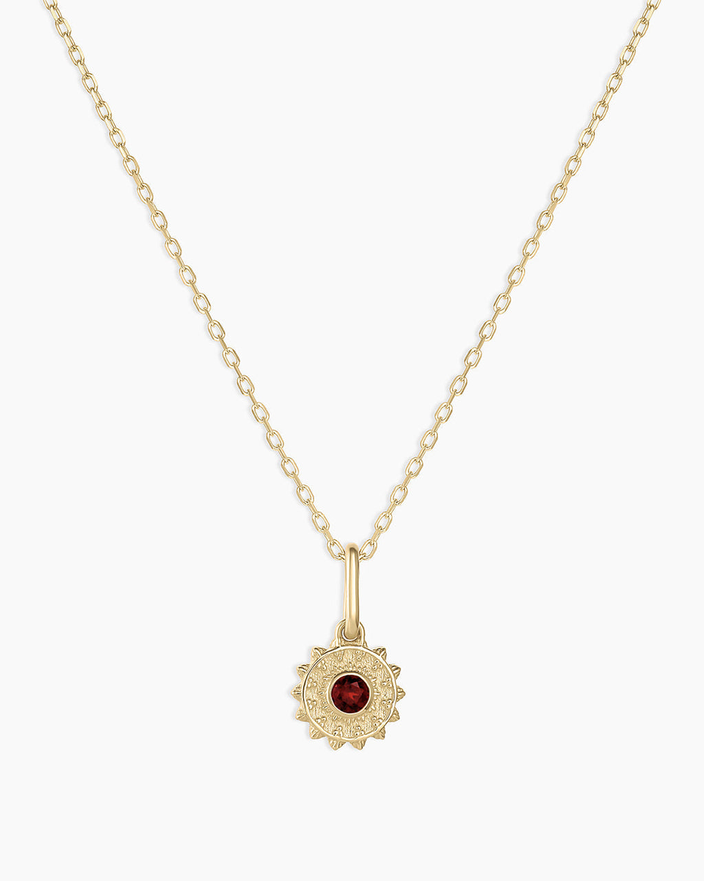 Sun Birthstone Charm Necklace || option::14K Solid Gold, Garnet - January
