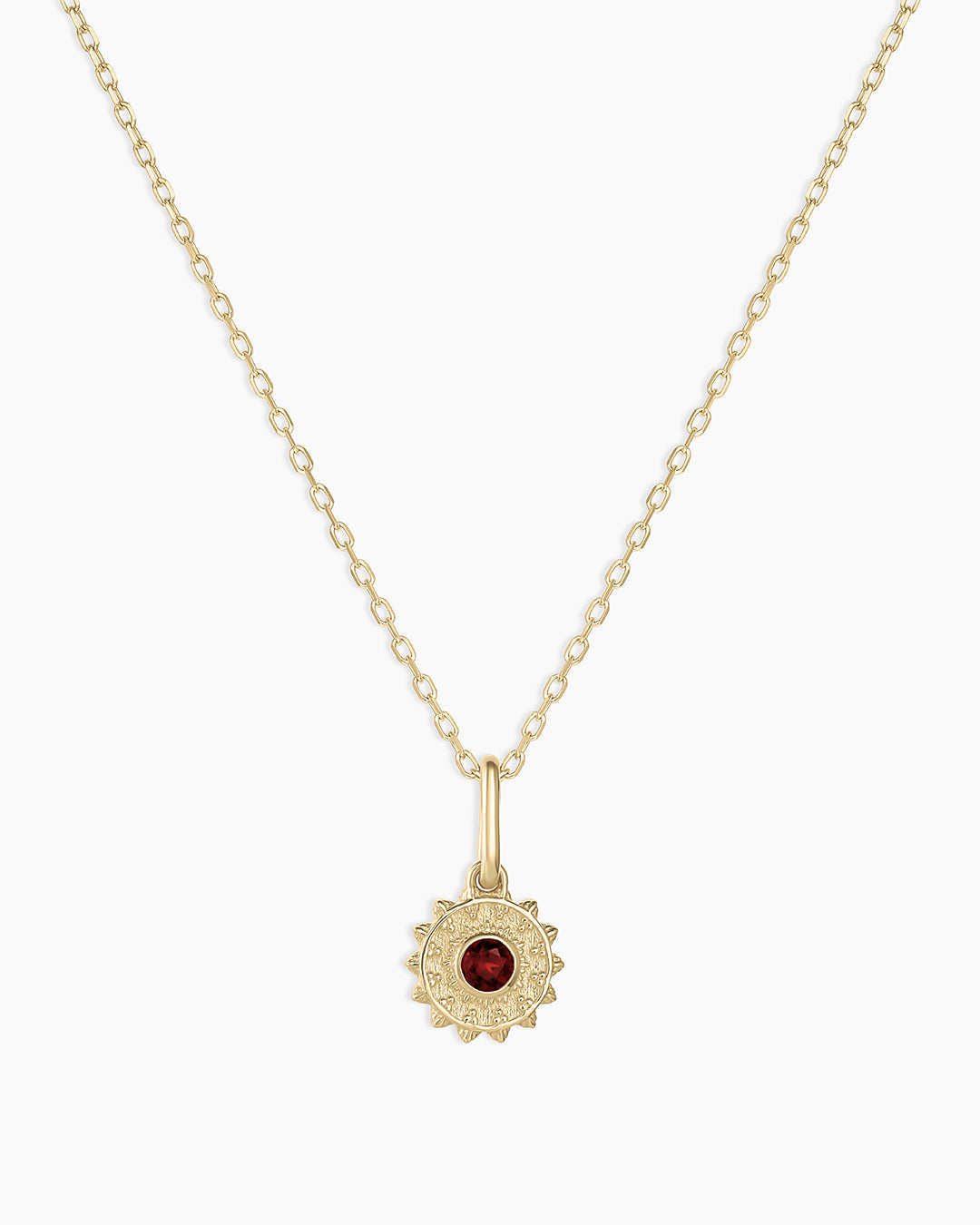 Sun Birthstone Charm Necklace || option::14K Solid Gold, Garnet - January