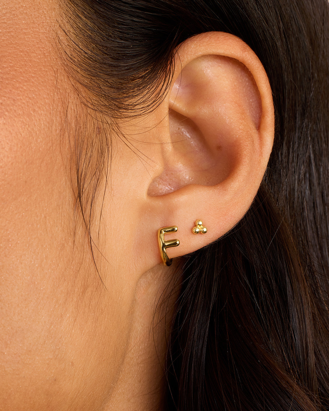 Alphabet Huggie || option::18K Gold Plated, F