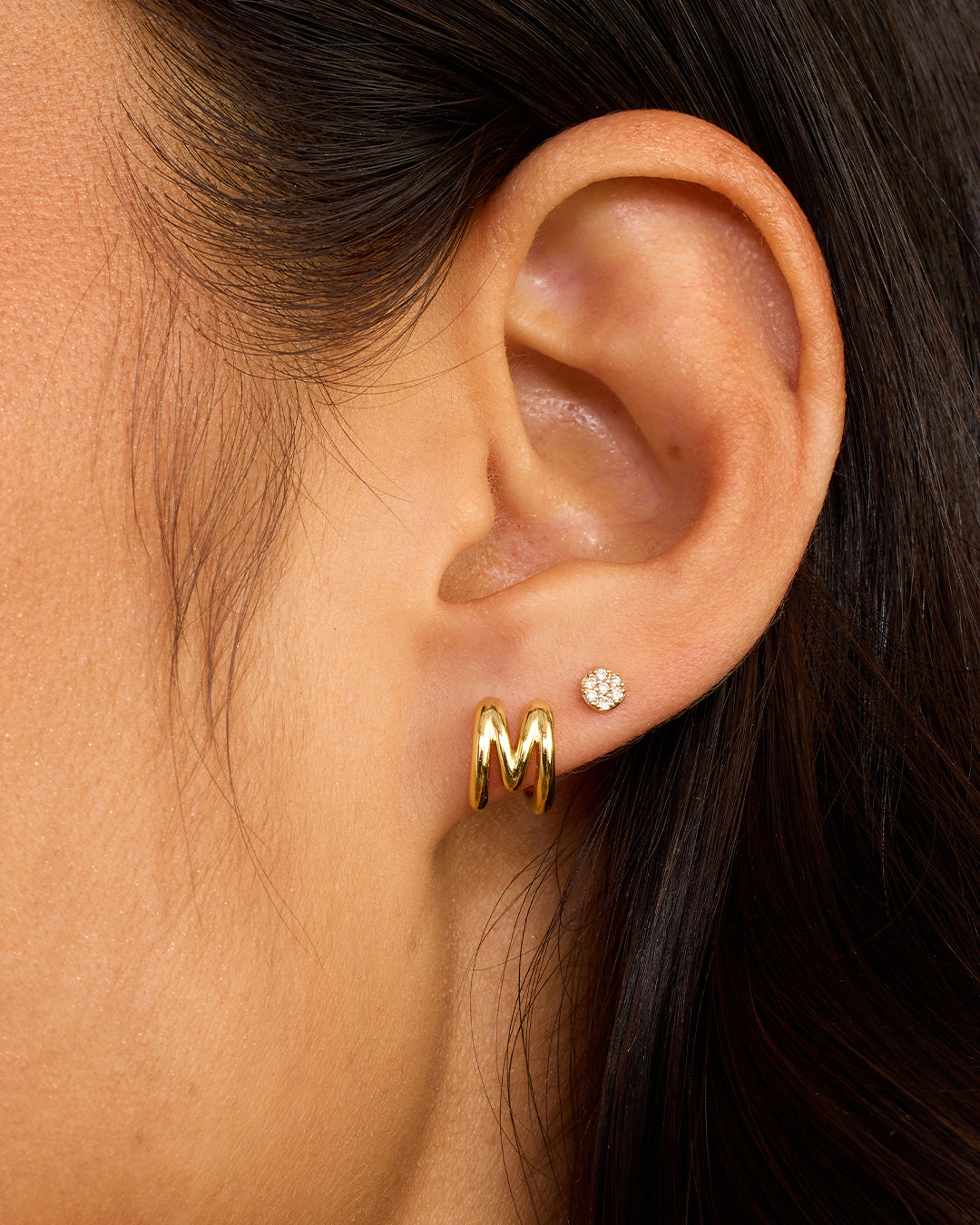 Alphabet Huggie || option::18K Gold Plated, M