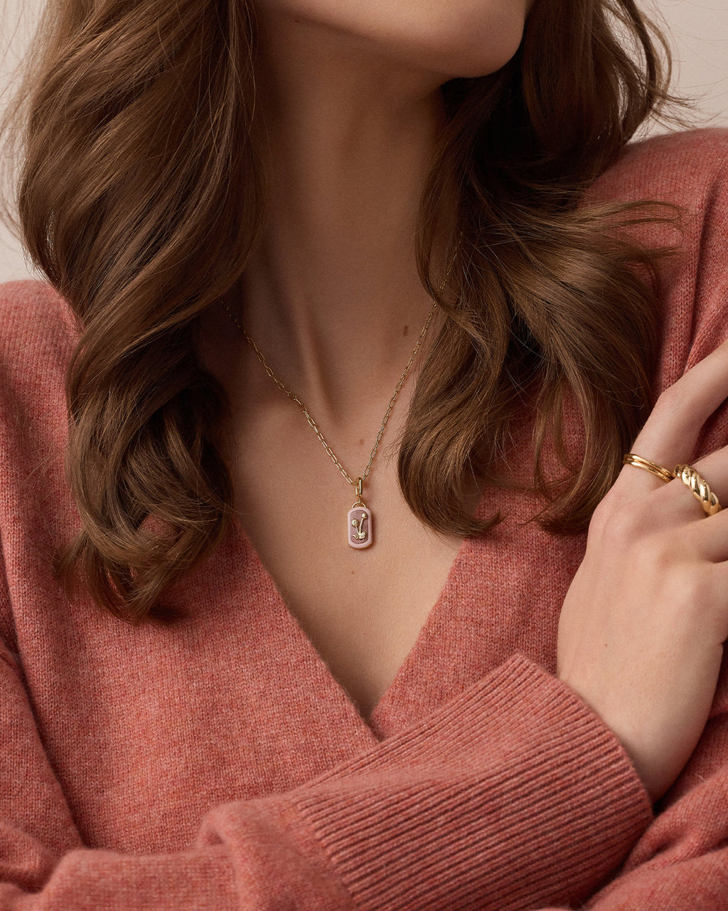 Power Gemstone Parker Charm Necklace Compassion || option::18K Gold Plated, Rhodochrosite