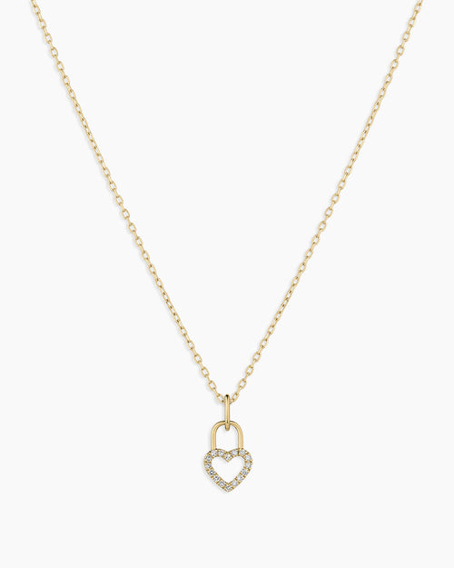 Diamond Heart Padlock Charm Necklace || option::14K Solid Gold