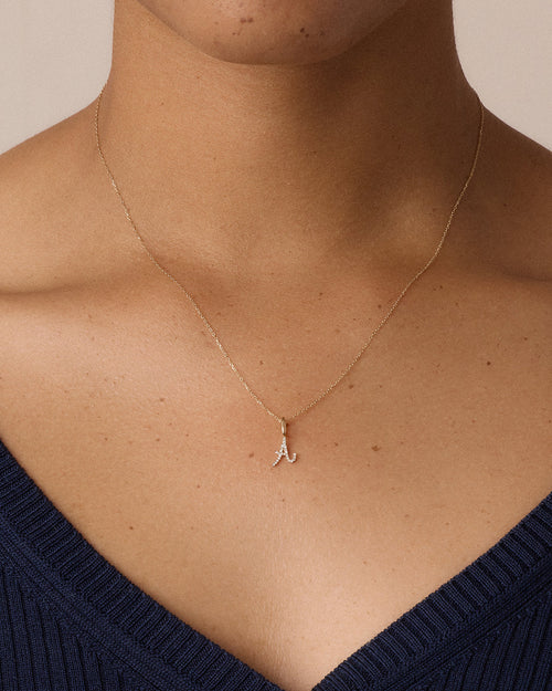 Diamond Script Alphabet Charm || option::14K Solid Gold, A