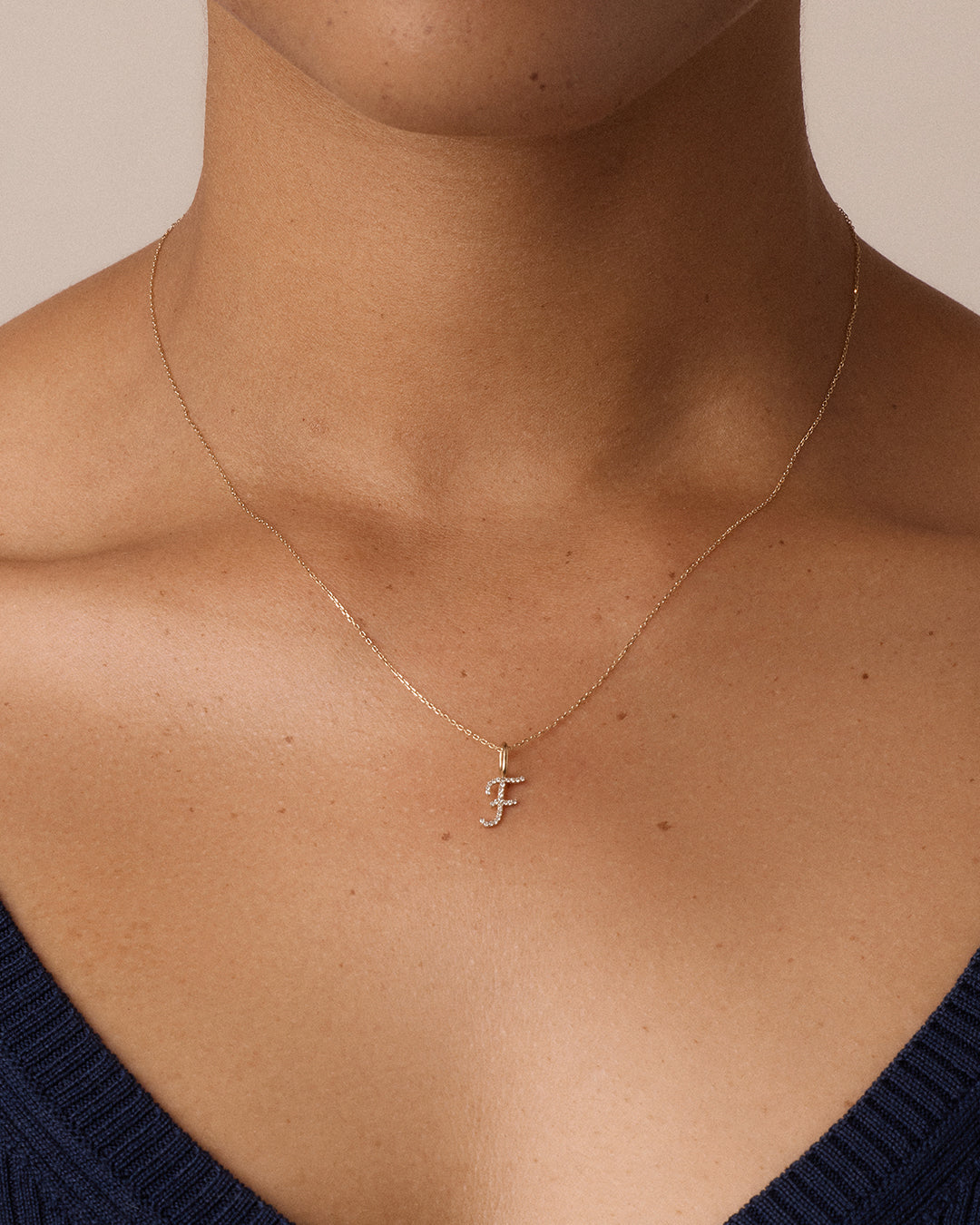 Diamond Script Alphabet Charm || option::14K Solid Gold, F