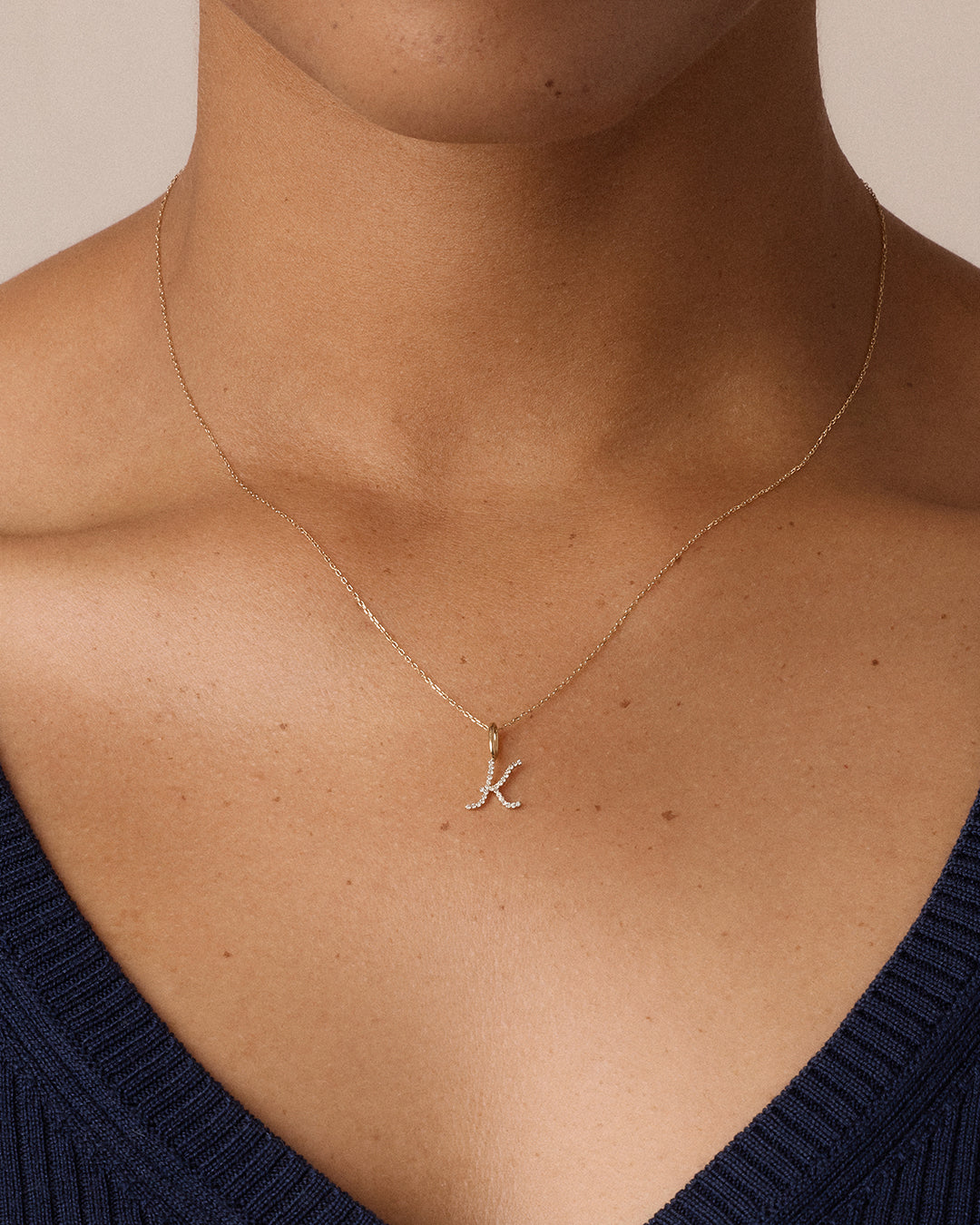 Diamond Script Alphabet Charm || option::14K Solid Gold, K