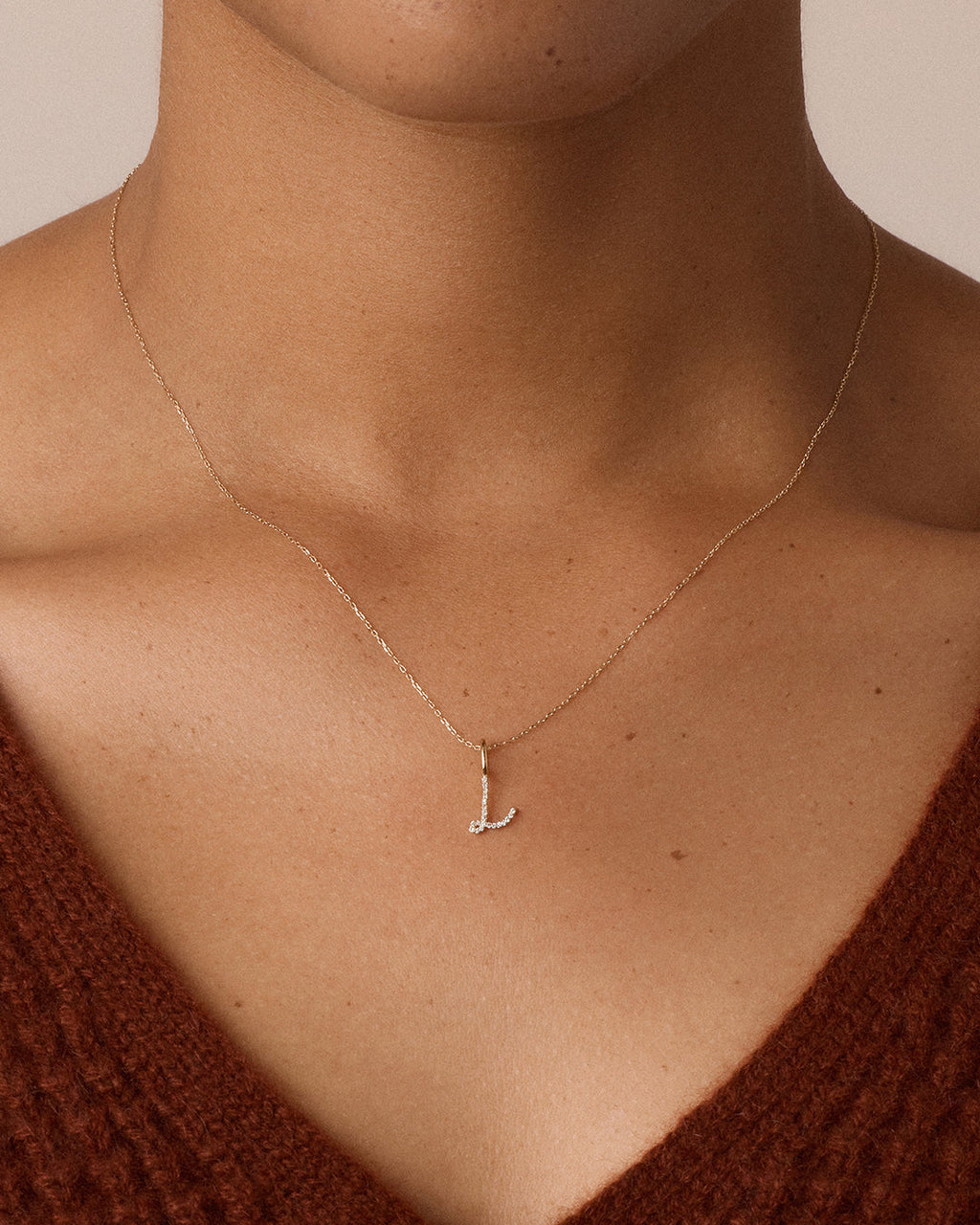 Diamond Script Alphabet Charm || option::14K Solid Gold, L