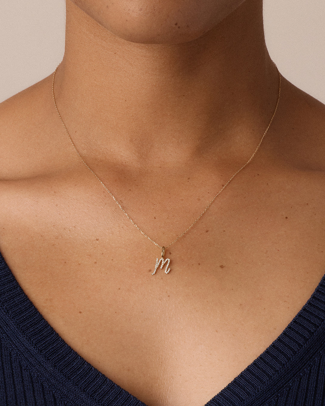 Diamond Script Alphabet Charm || option::14K Solid Gold, M