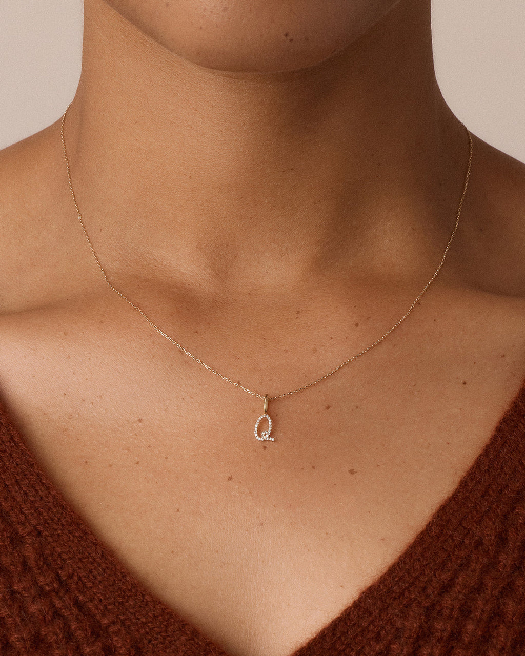 Diamond Script Alphabet Charm || option::14K Solid Gold, Q
