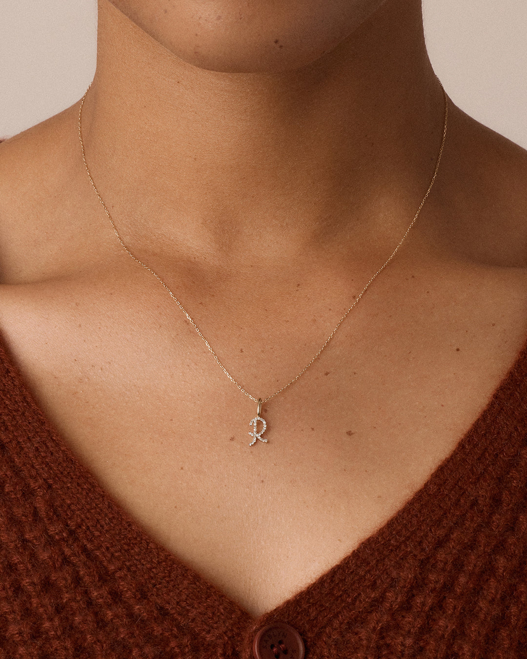 Diamond Script Alphabet Charm || option::14K Solid Gold, R