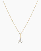 Diamond Script Alphabet Charm Necklace || option::14K Solid Gold, A