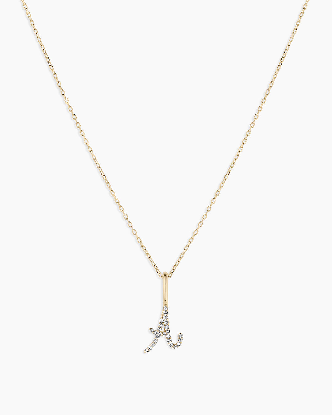 Diamond Script Alphabet Charm Necklace || option::14K Solid Gold, A