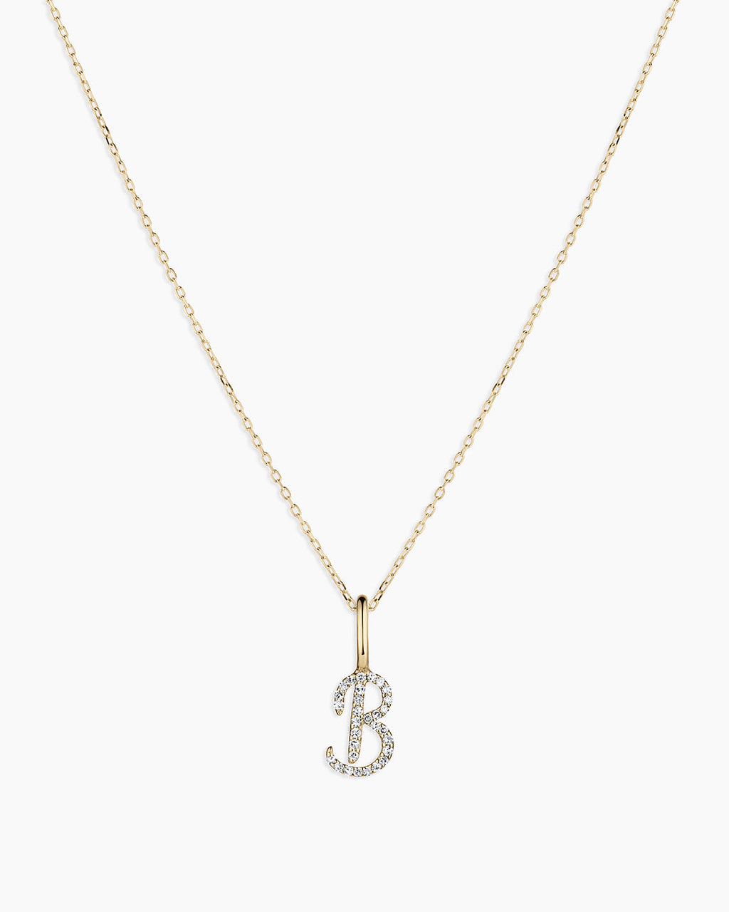 Diamond Script Alphabet Charm Necklace || option::14K Solid Gold, B