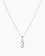 Diamond Script Alphabet Charm Necklace || option::14K Solid Gold, B