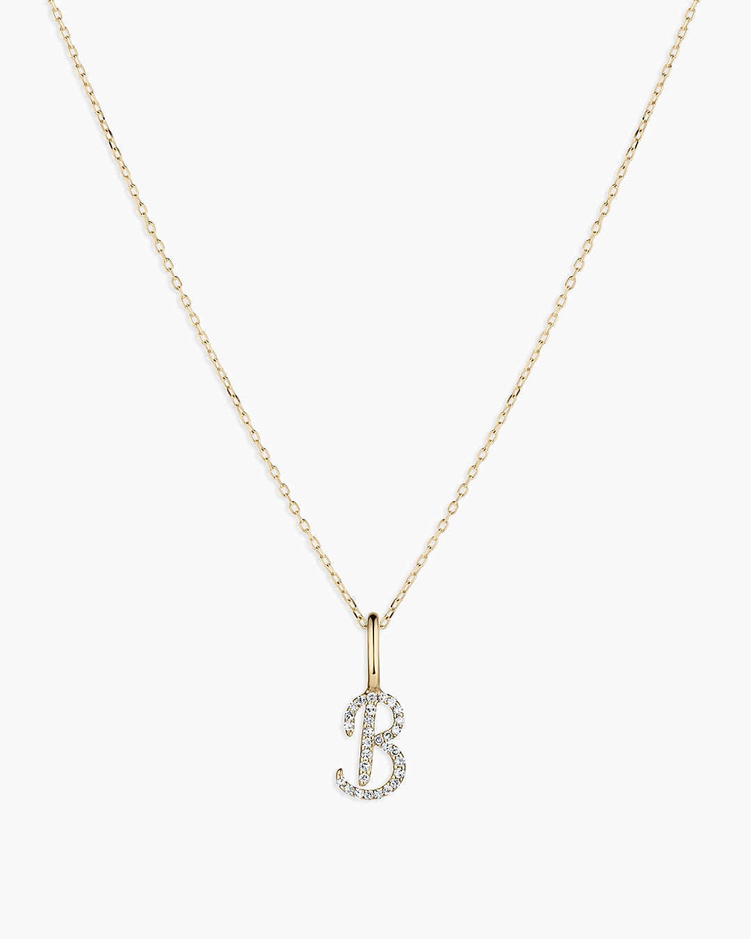 Diamond Script Alphabet Charm Necklace || option::14K Solid Gold, B