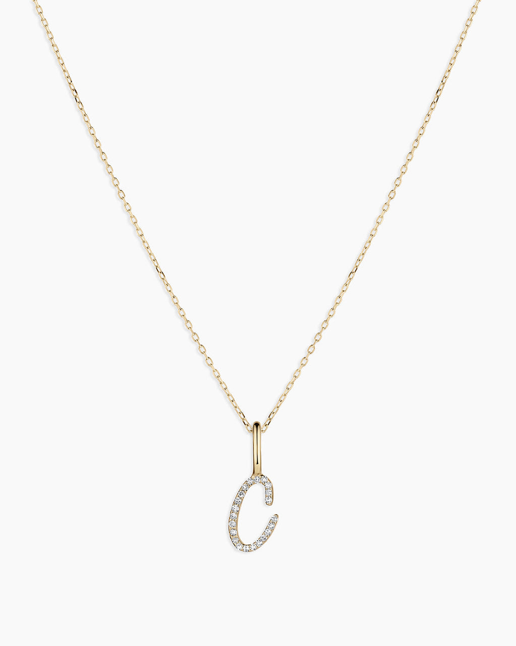 Diamond Script Alphabet Charm Necklace || option::14K Solid Gold, C
