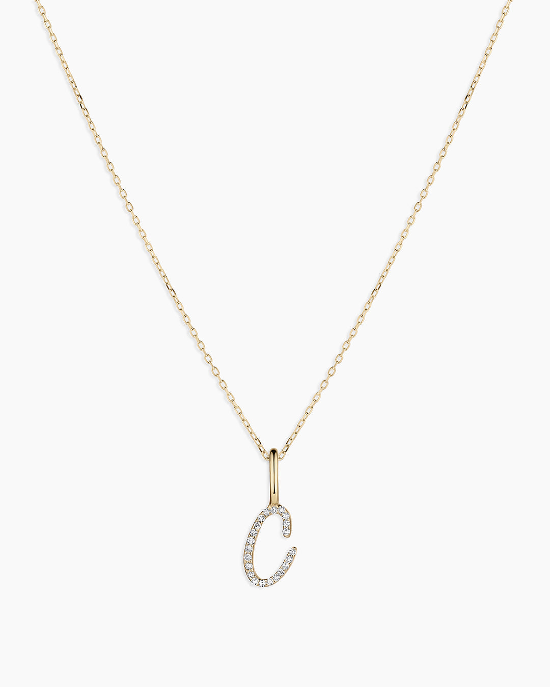Diamond Script Alphabet Charm Necklace || option::14K Solid Gold, C