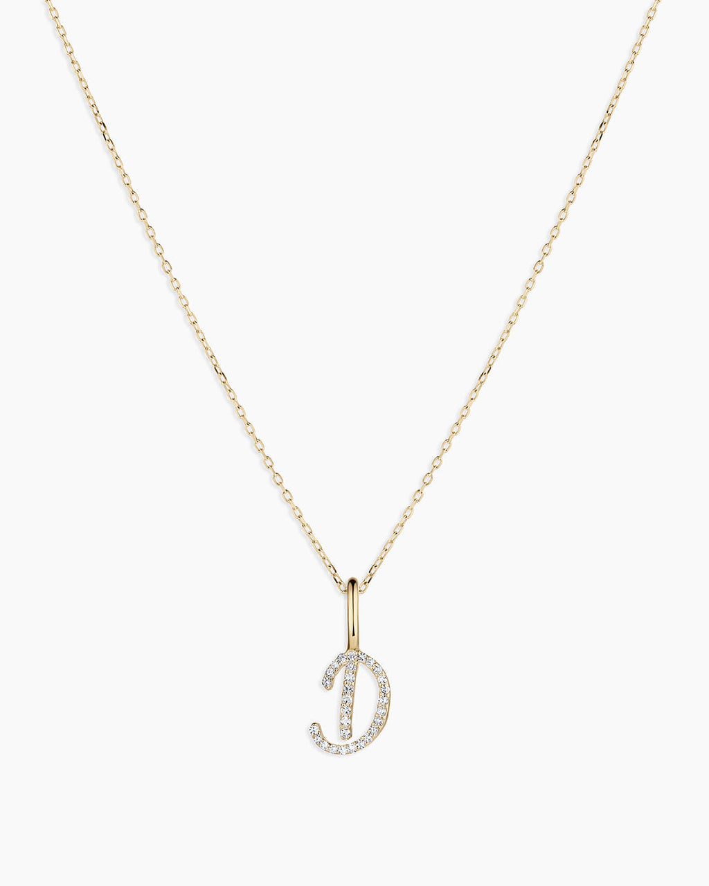 Diamond Script Alphabet Charm Necklace || option::14K Solid Gold, D